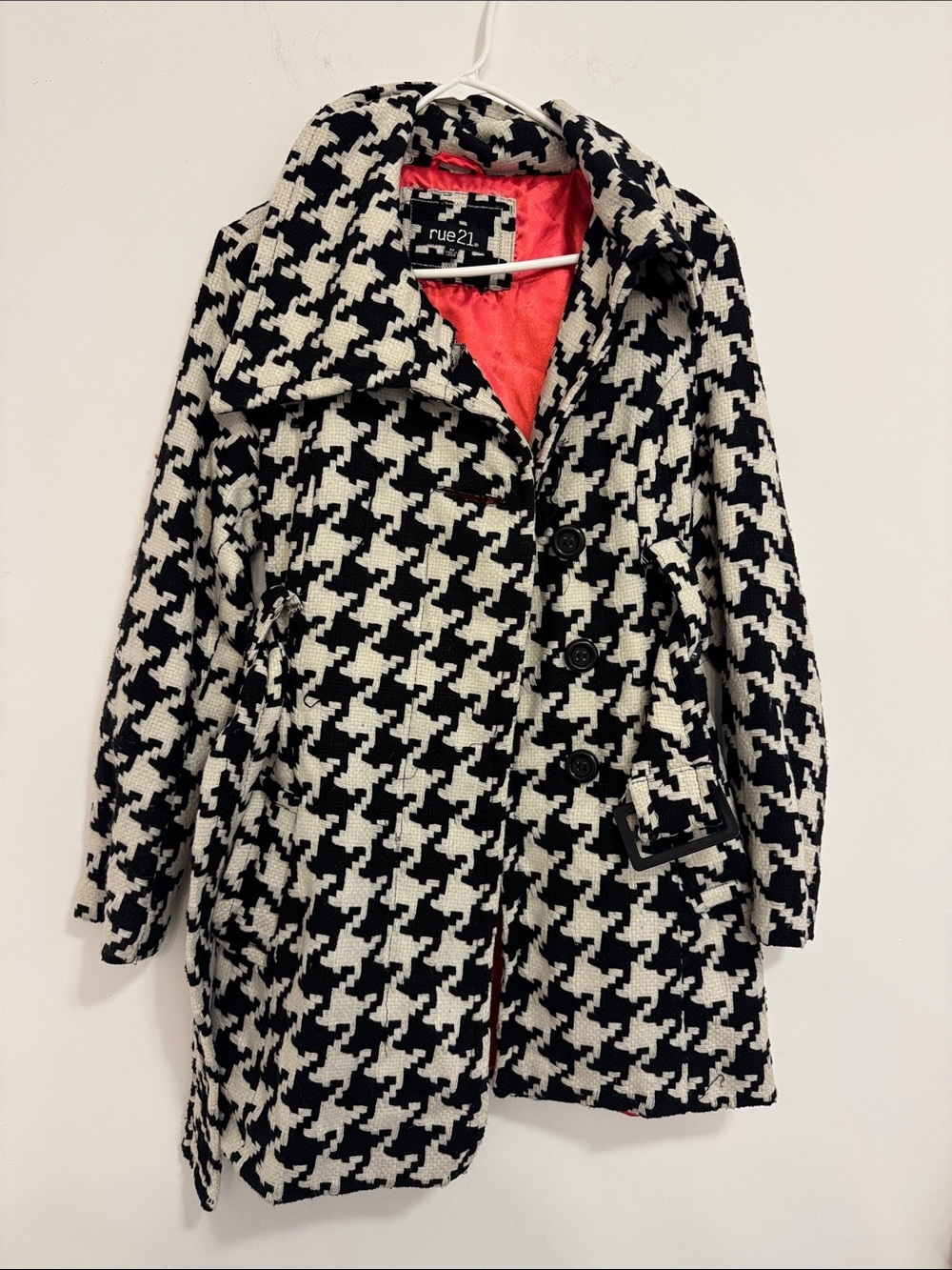 Rue21 Black & White Houndstooth Pea Coat with Red Lining